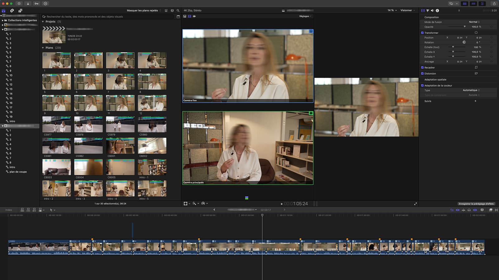 Capture Final Cut Pro montrant un montage multicam