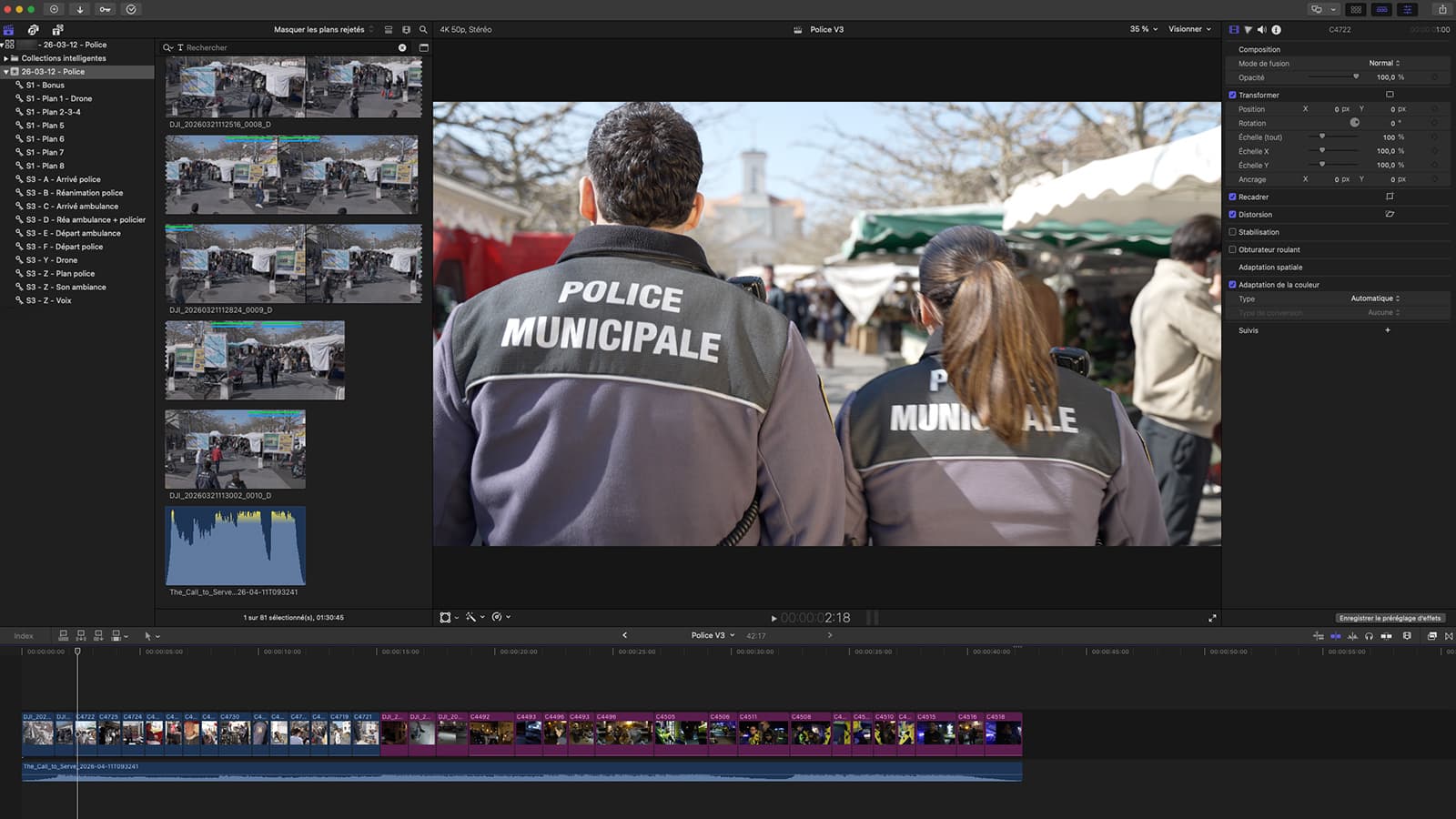 Capture Final Cut Pro montrant un montage institutionnel